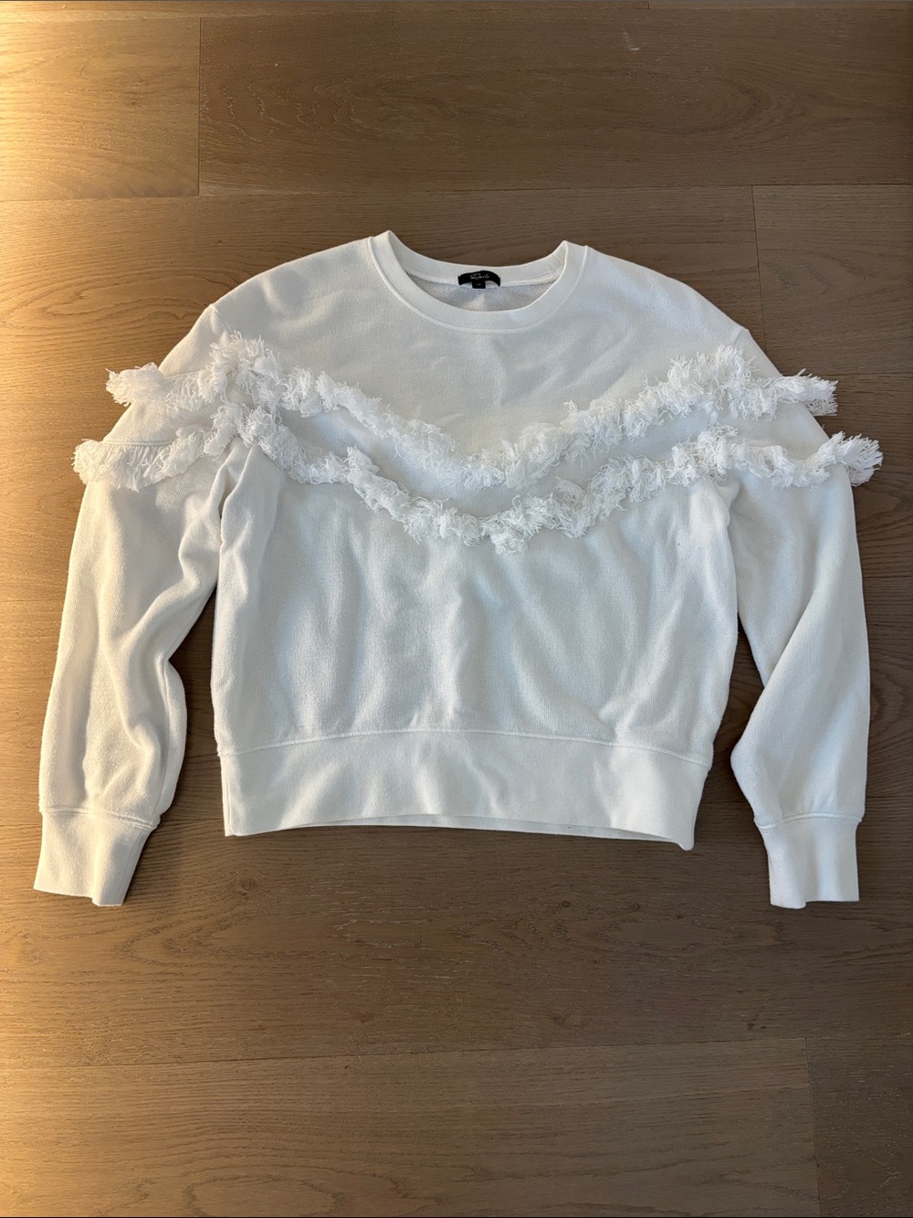 Rails White Crewneck Sweater with Fringe Trim